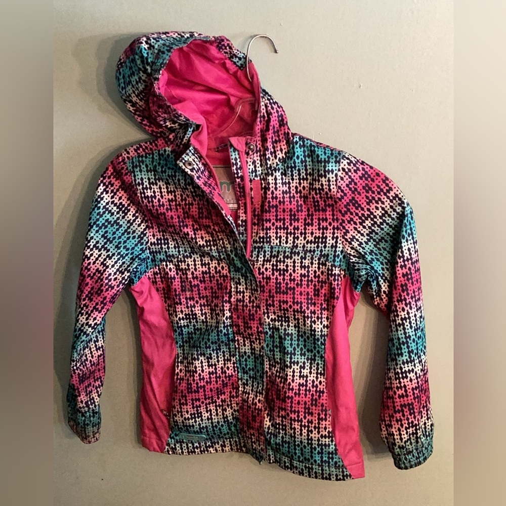 Sz 7/8 Colorful Hooded Jacket with full zipper and Velcro closure.